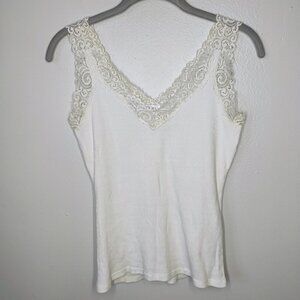 August Silk Lace Trim Cami Tank Top Womens Small White Y2K Beaded Ribbed Cottage